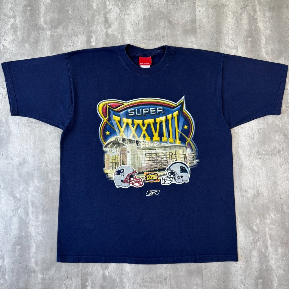 Vintage Super Bowl XXXVIII T-Shirt Mens L Navy Patriots Panthers Reebok NFL 2004
